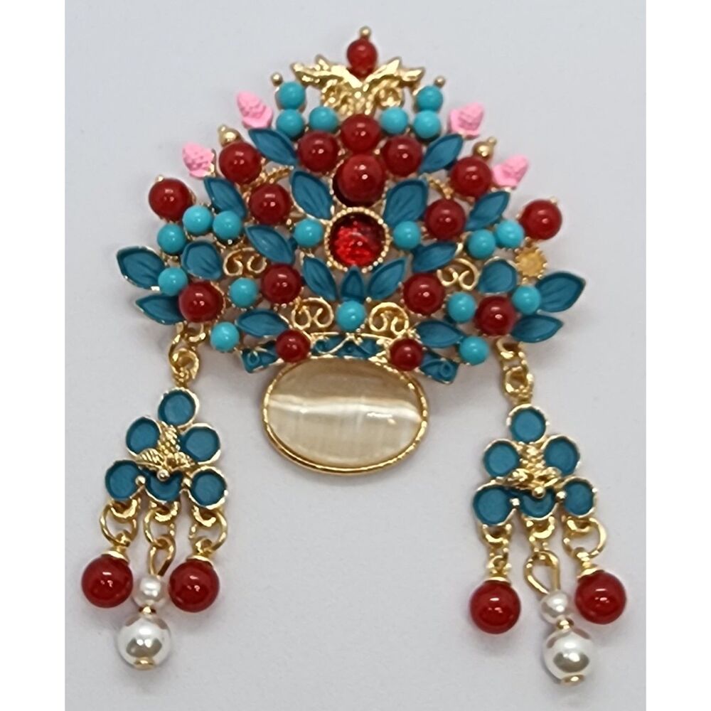 Phoenix Crown Brooch Ornate Beads Faux Pearl Enamel & Faux Jewel Beautiful